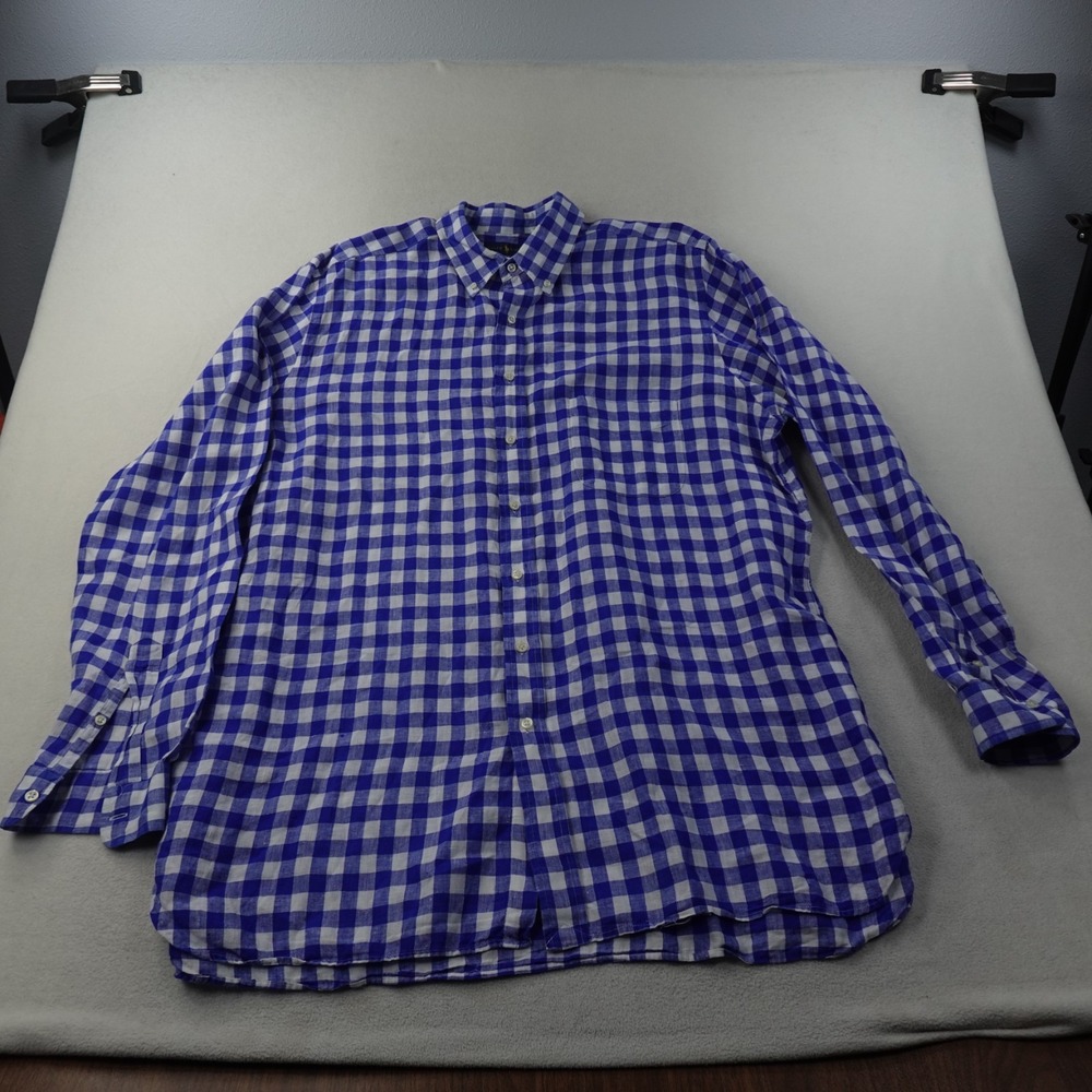 Ralph Lauren Linen Shirt Mens XLT Blue White Gingham Plaid Button Down Tall